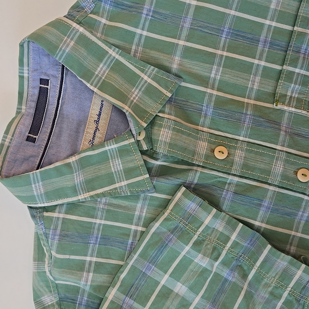 Tommy Bahama Shirt |  Men's Medium Green Plaid‎ Button Down 100% Cotton Casual